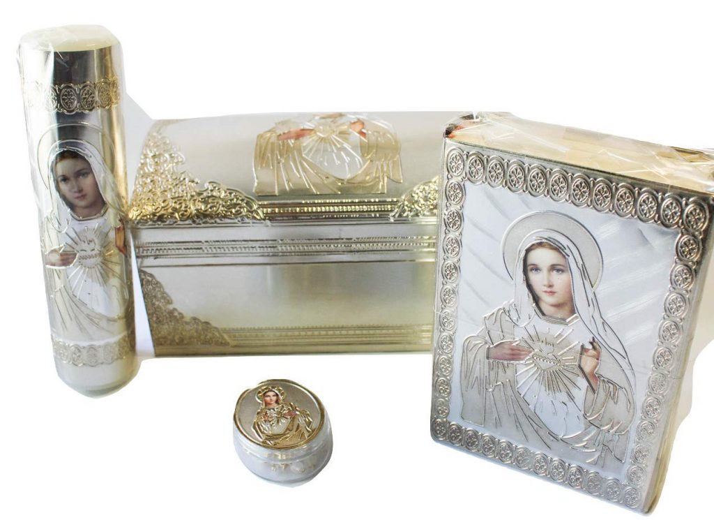 Set de Primera Comunion, biblia latinoamericana, vela, rosario y cofre Virgen Sagrado Corazon de Jesús