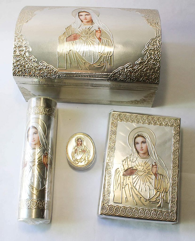 Set de Primera Comunion, biblia latinoamericana, vela, rosario y cofre Virgen Sagrado Corazon de Jesús